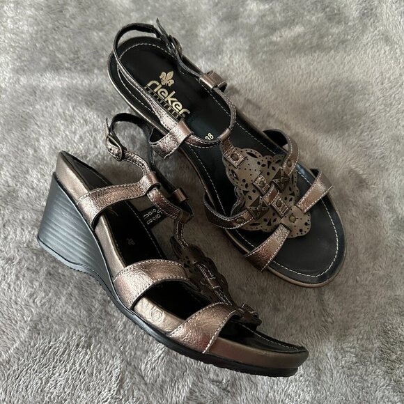 Rieker Metallic Leather Adjustable Buckle Wedge Sandals Shoes Women's 38 US 7 - Picture 1 of 8